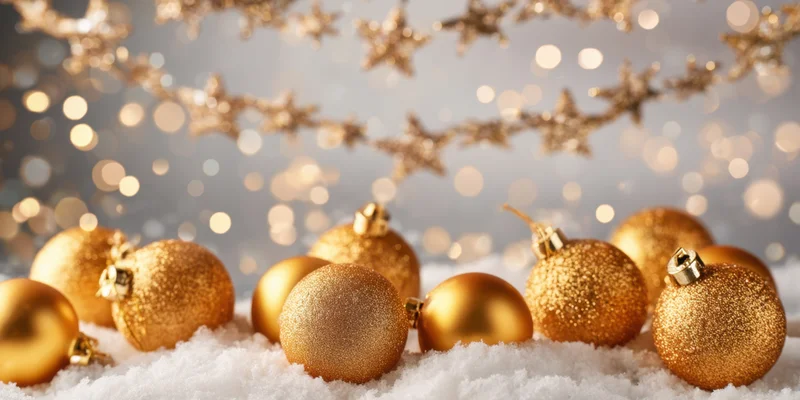 Golden christmas ornaments scattered on snowy ground beneath star garland with bokeh lights