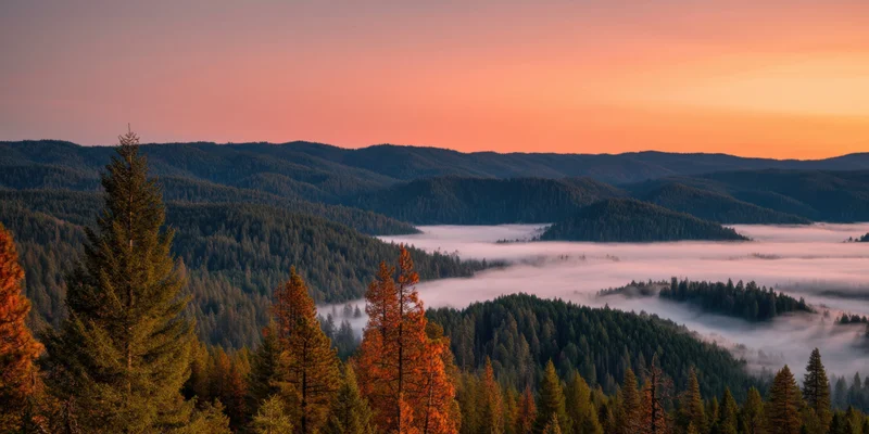 Rolling forested hills blanketed in fog at sunrise
