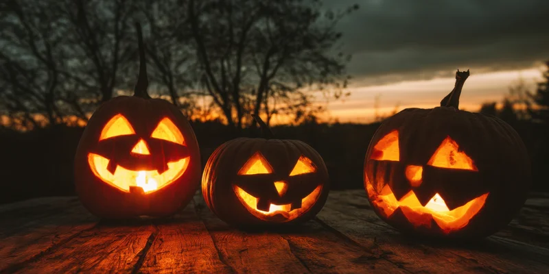 Three glowing jack-o-lanterns carved with triangular eyes and grins arranged on a weathered wooden table at dusk