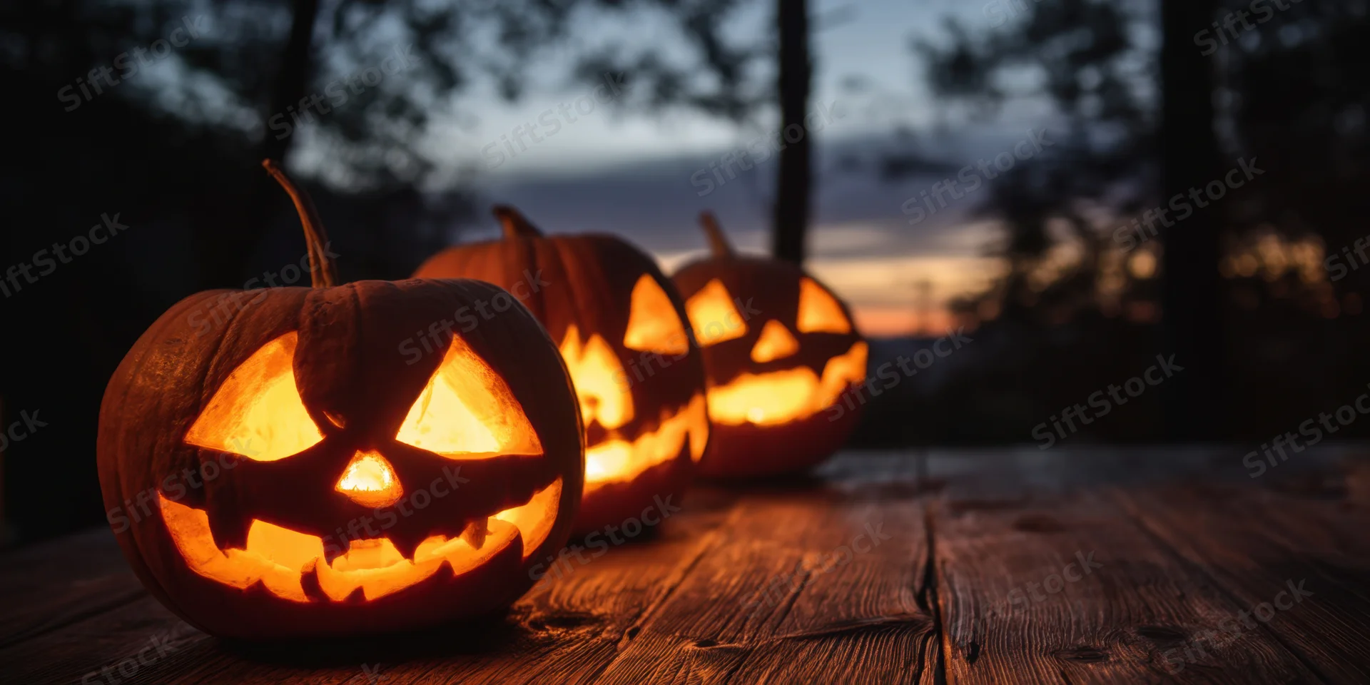 Three glowing jack-o-lanterns arranged in a row on a weathered wooden table outdoors at dusk