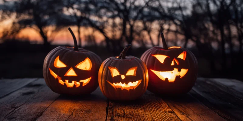 Three glowing jack-o-lanterns arranged on a weathered wooden table at dusk