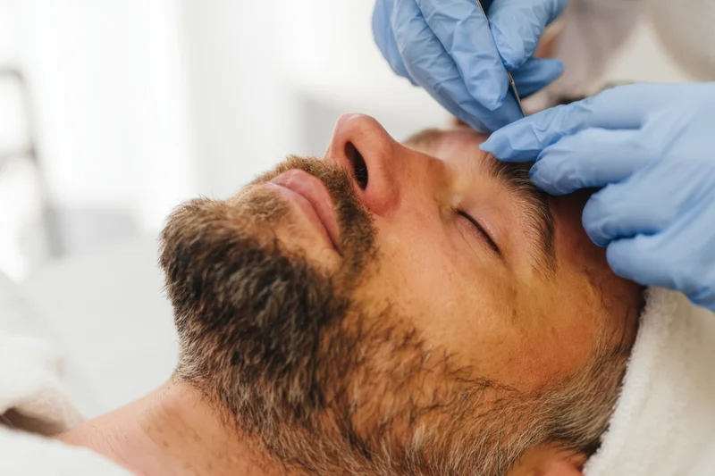 Man receiving facial injection treatment in clinic with eyes closed