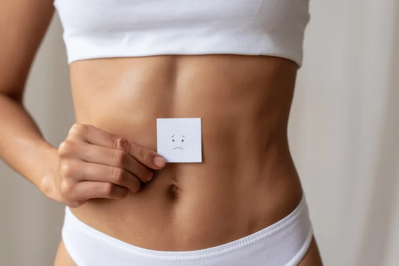 Woman holding sad emoji note on her stomach while wearing white crop top and underwear