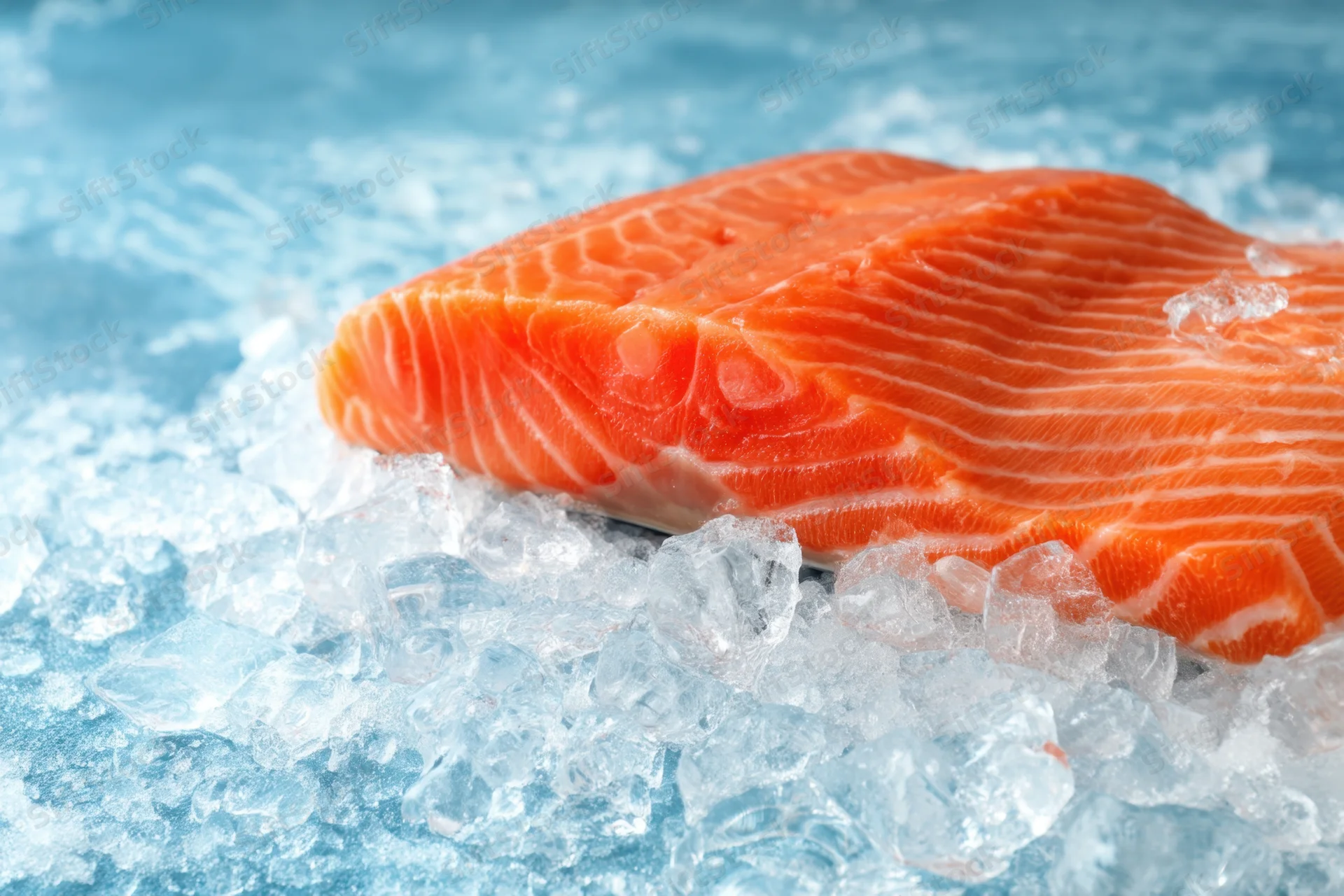 Fresh salmon fillet resting on crushed ice with vibrant orange flesh and white fat striations