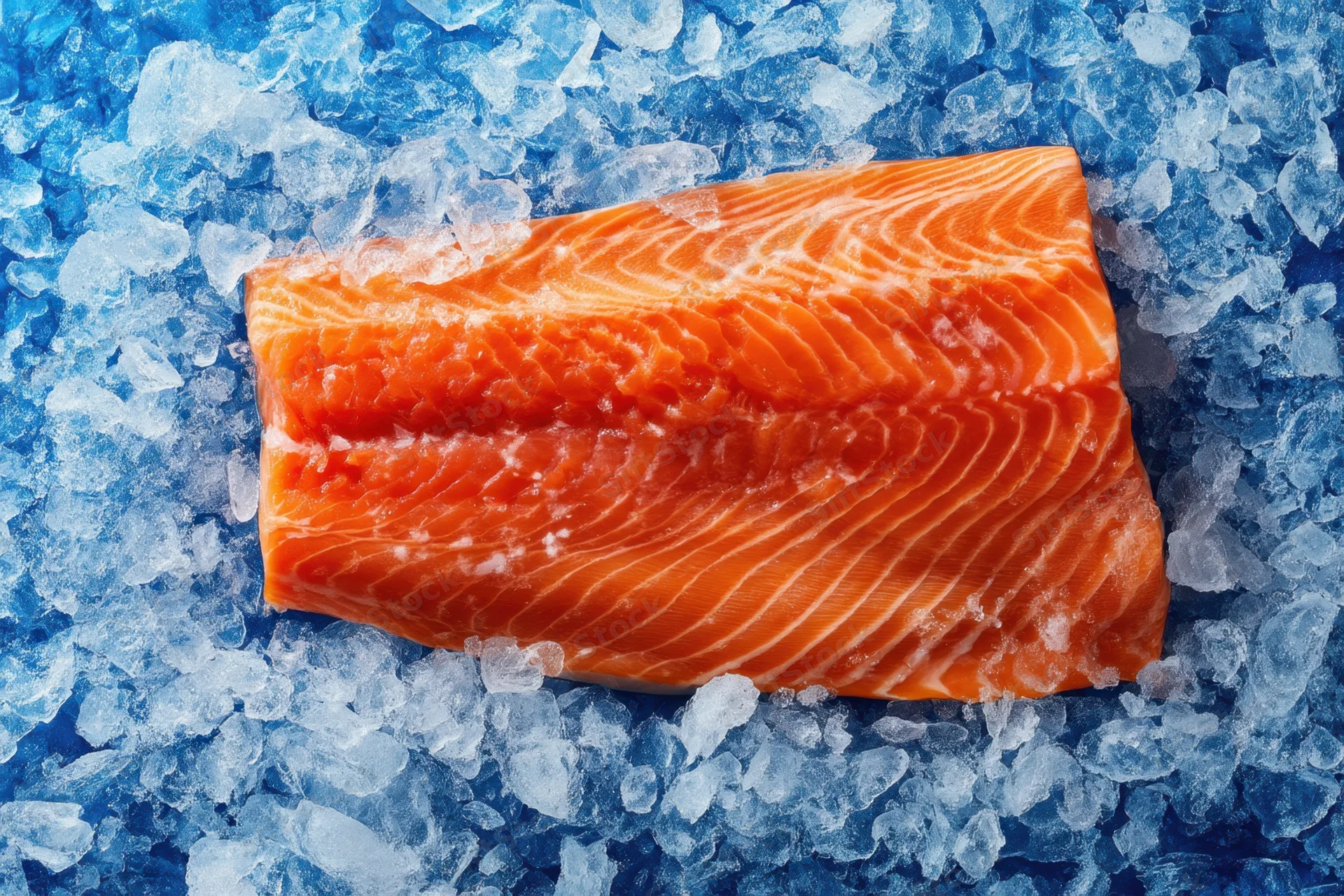 Fresh salmon fillet resting on crushed ice
