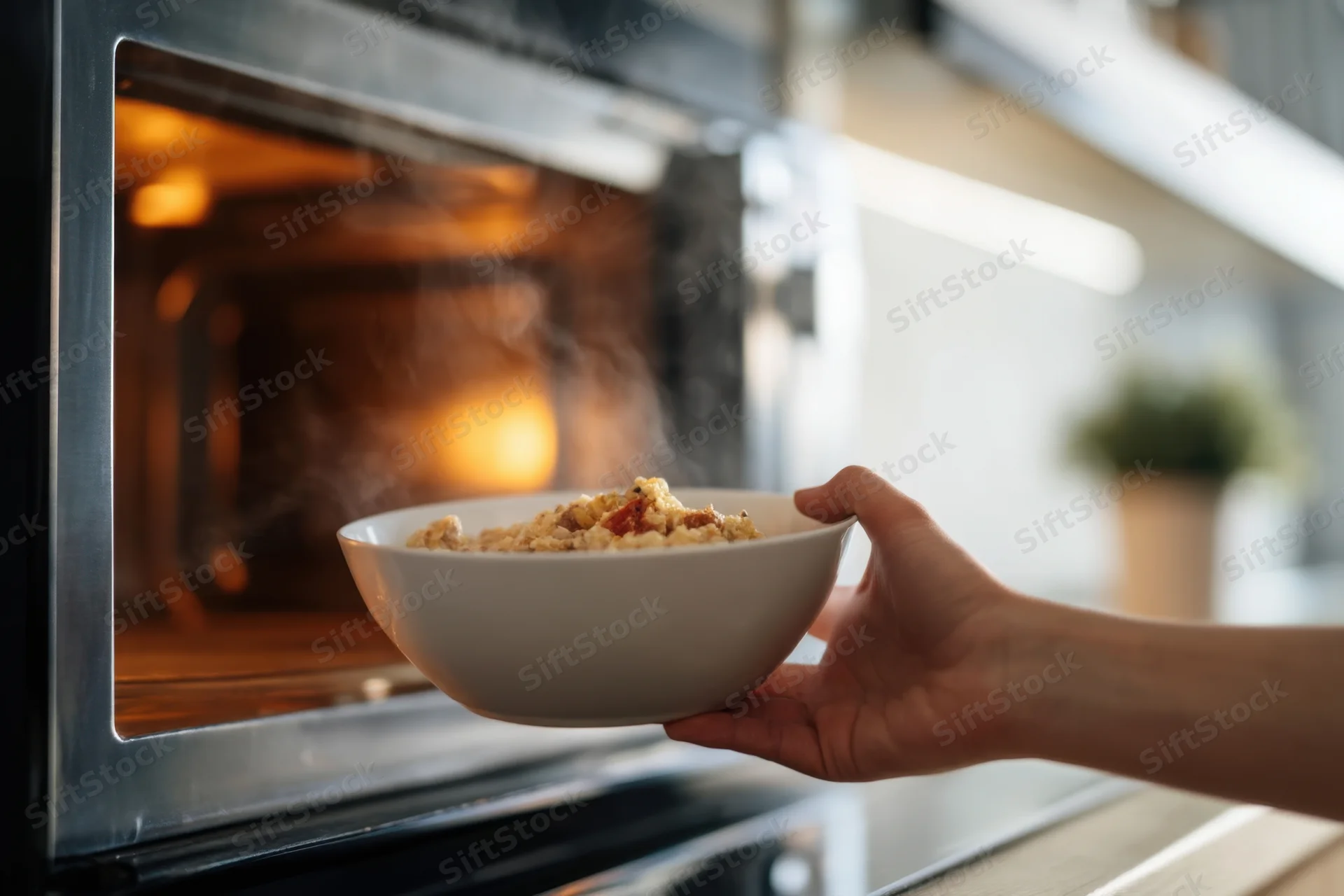 Hand placing steaming bowl of food into microwave in kitchen