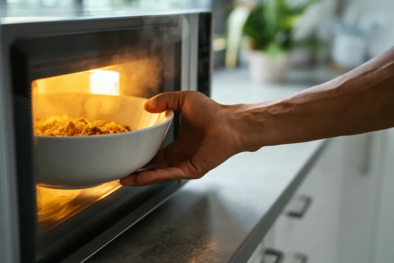 Hand placing steaming bowl of food into microwave in kitchen