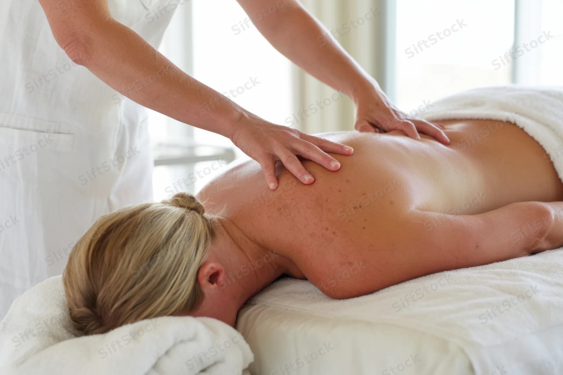 Massage therapist applying firm pressure to client's bare back during treatment in spa setting
