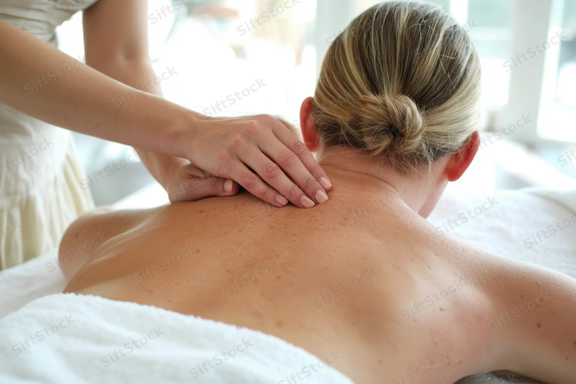Massage therapist applying firm pressure to client's bare back and neck in spa setting