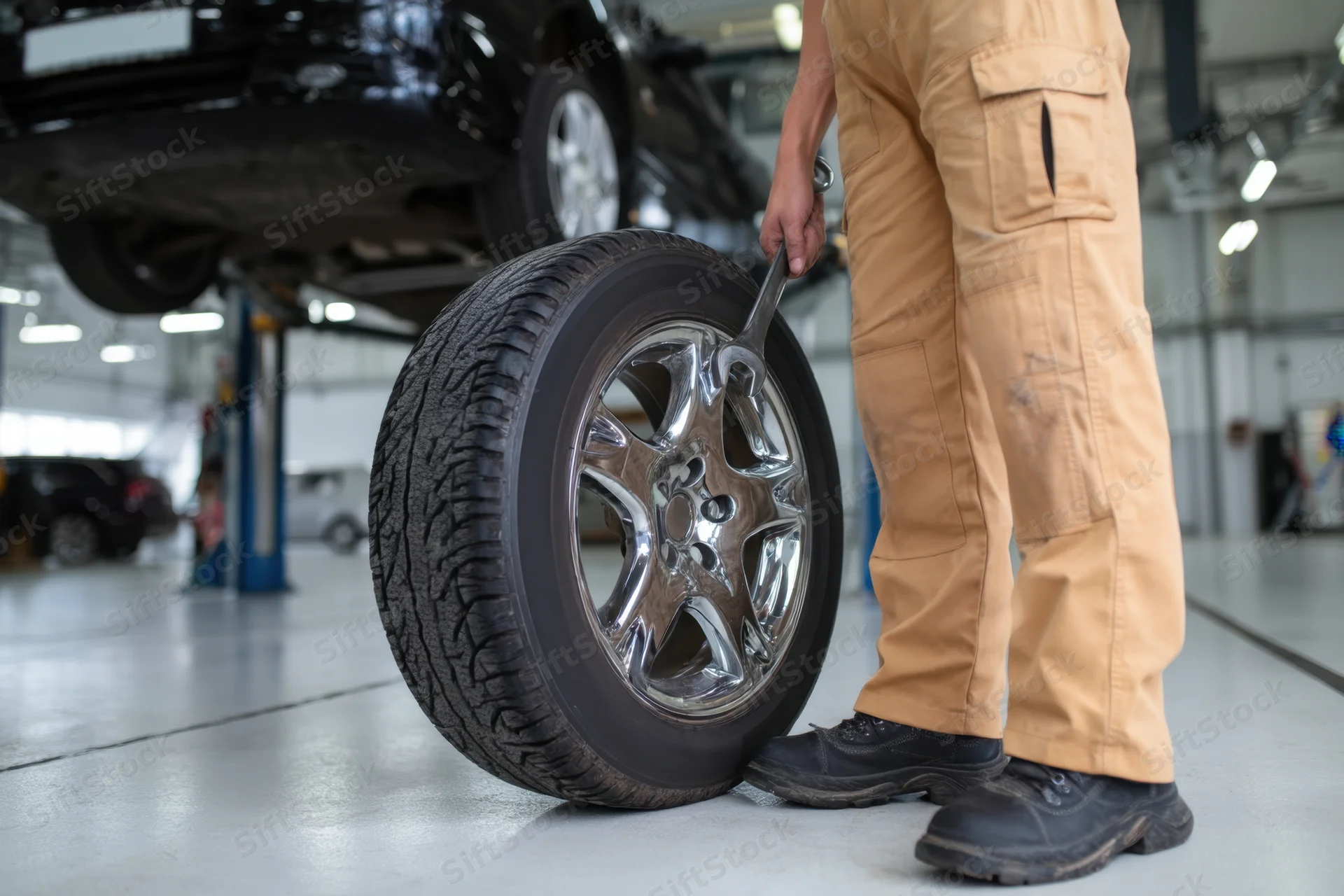Mechanic using wrench on chrome alloy wheel and tire in automotive garage
