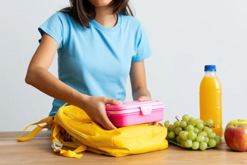 Child placing pink lunchbox into yellow backpack on wooden table with fruit and juice nearby