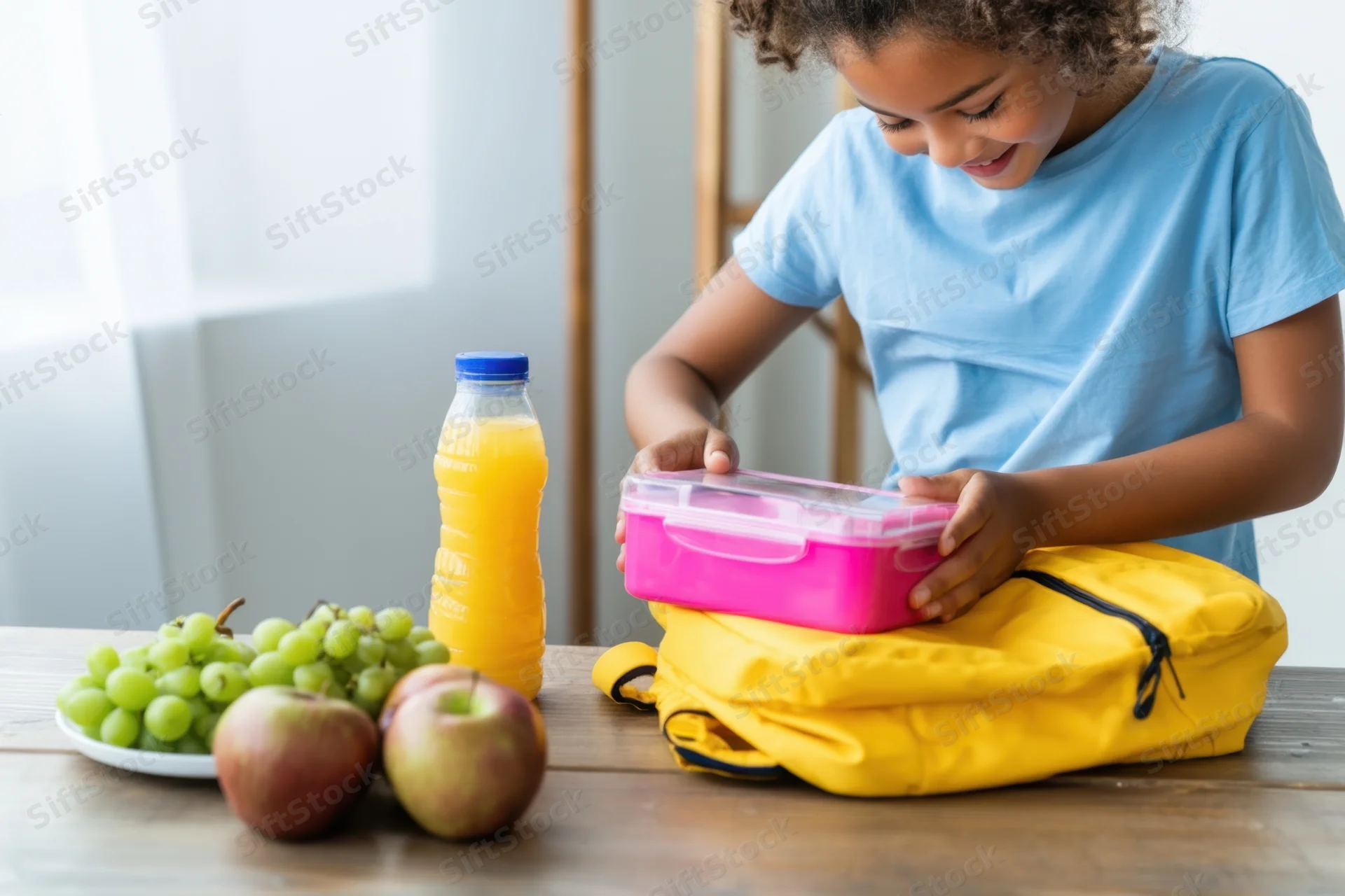 Young girl smiling as she packs a pink lunchbox into a yellow backpack on a wooden table with fruit and juice nearby