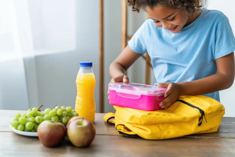 Young girl smiling as she packs a pink lunchbox into a yellow backpack on a wooden table with fruit and juice nearby