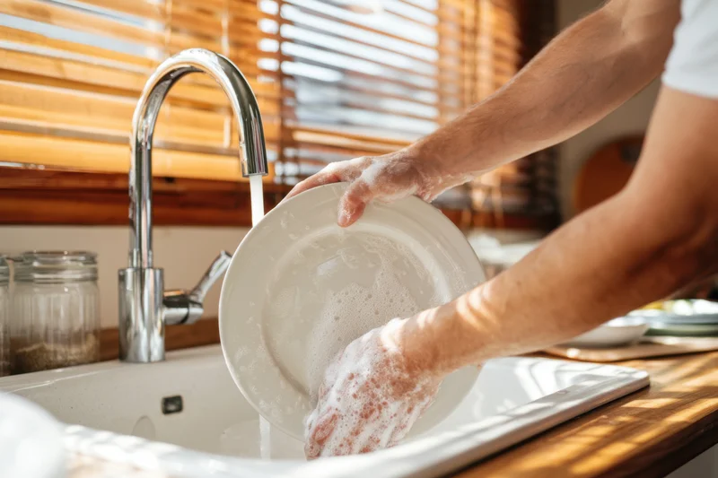 Person washing a white plate with soapy water in a kitchen sink