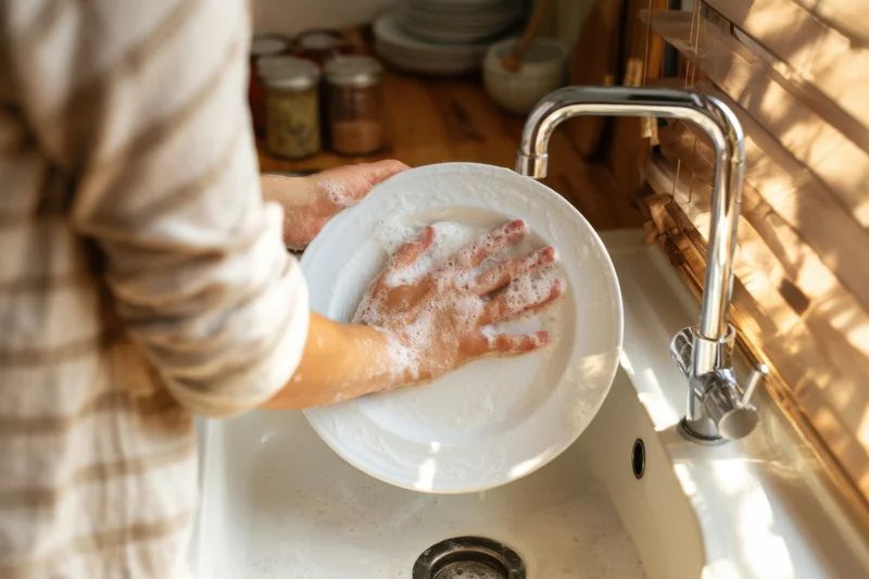 Person washing a white plate with soapy water in a kitchen sink