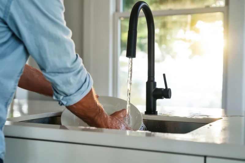 Man washing a plate at a kitchen sink under a black faucet with sunlight through a window
