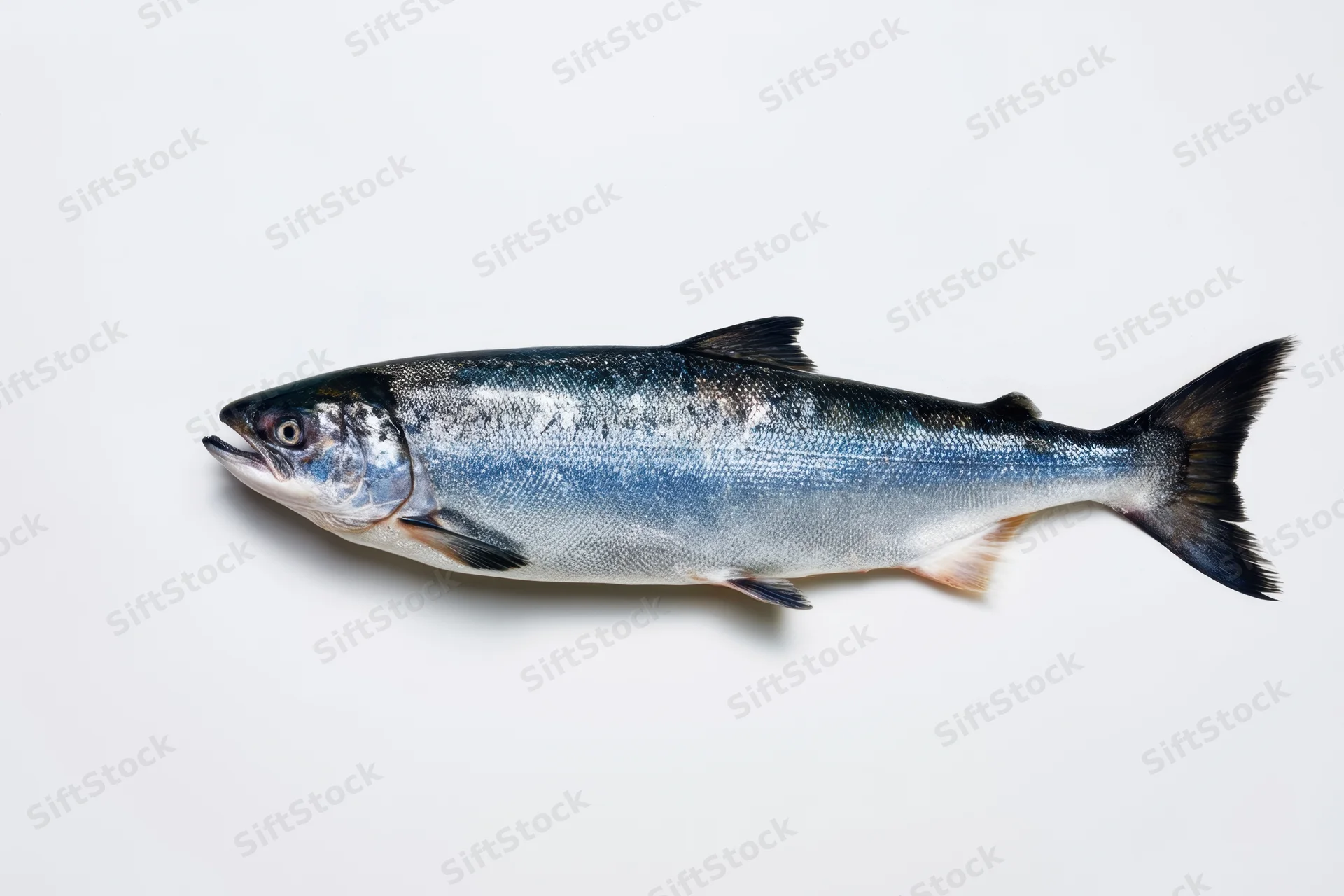 Silver salmon lying on a white background isolated for studio photography