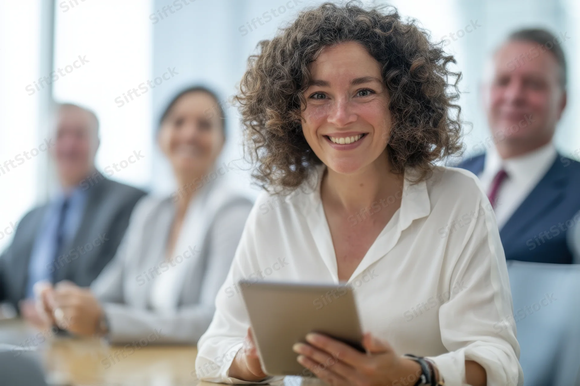 Woman smiling while holding tablet during conference meeting with colleagues in office