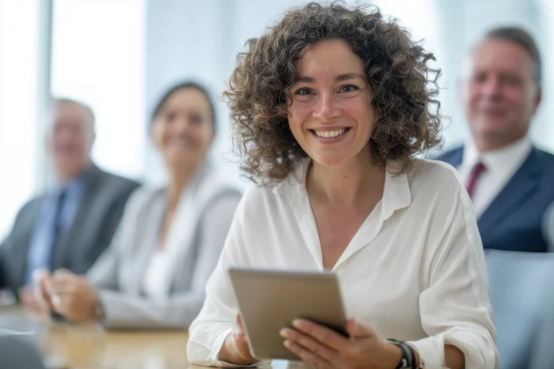 Woman smiling while holding tablet during conference meeting with colleagues in office