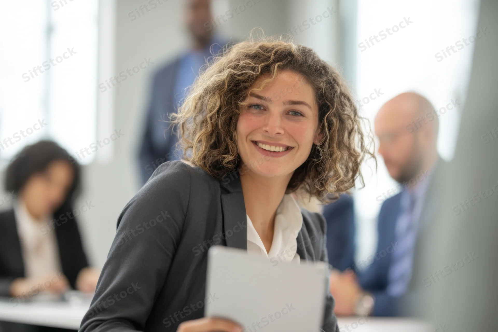 Woman smiling at camera during office meeting holding tablet