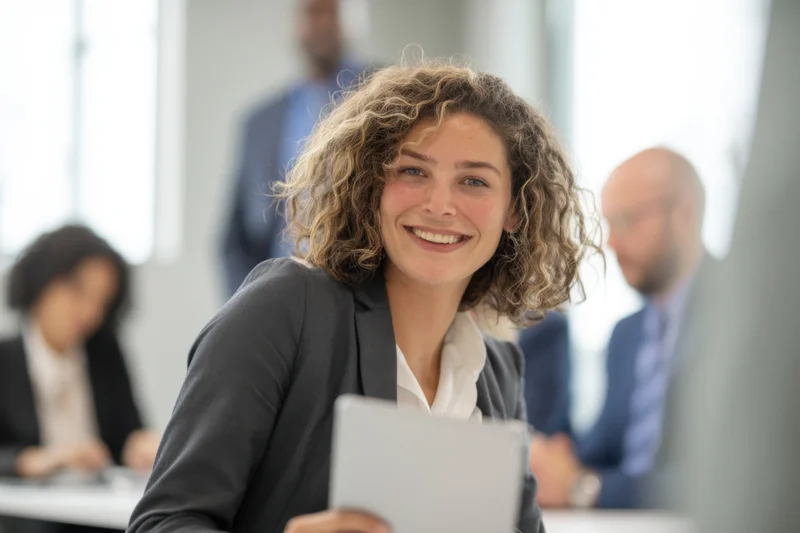 Woman smiling at camera during office meeting holding tablet