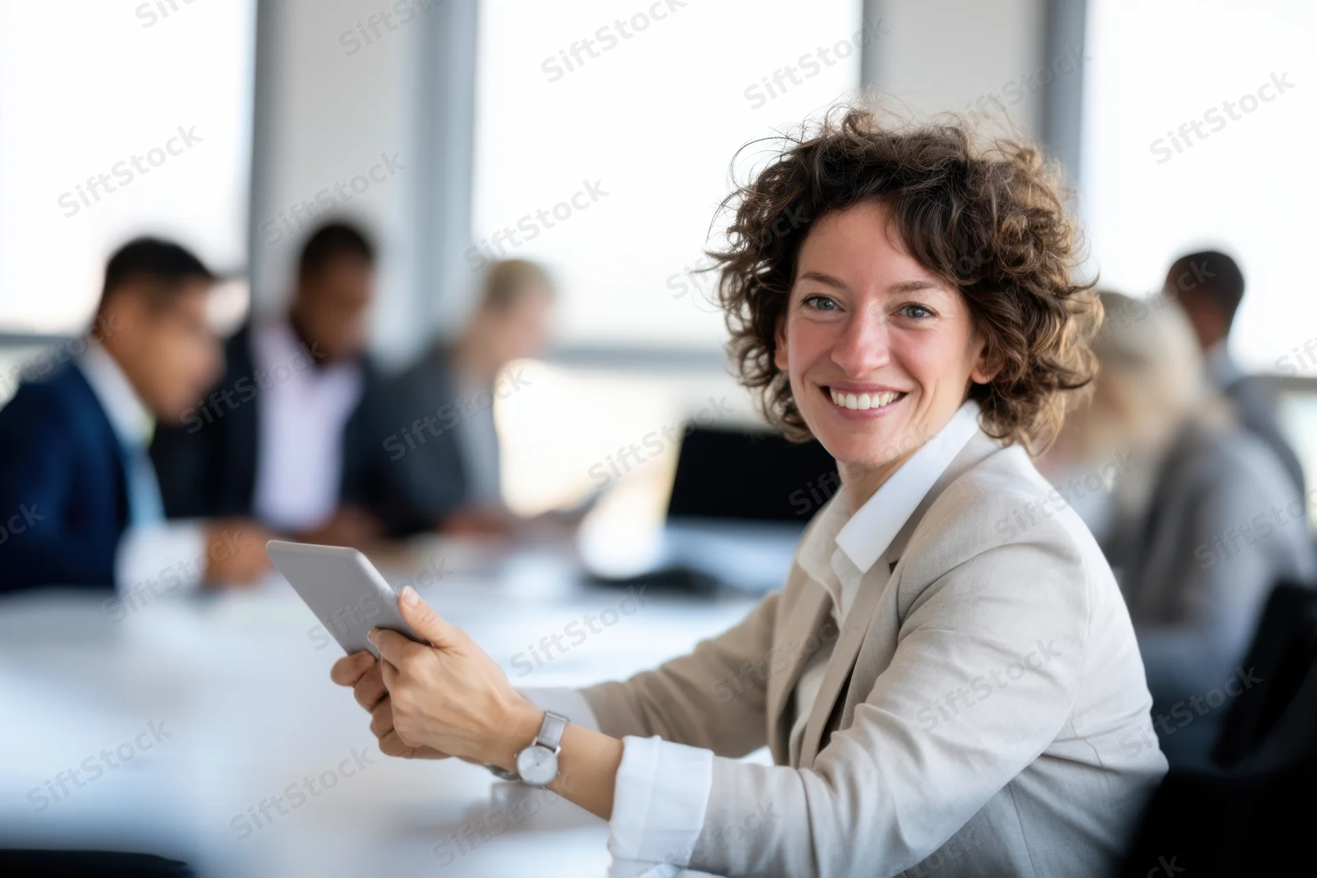 Woman smiling while holding tablet at conference table with colleagues in background