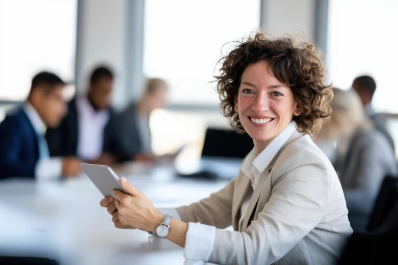 Woman smiling while holding tablet at conference table with colleagues in background