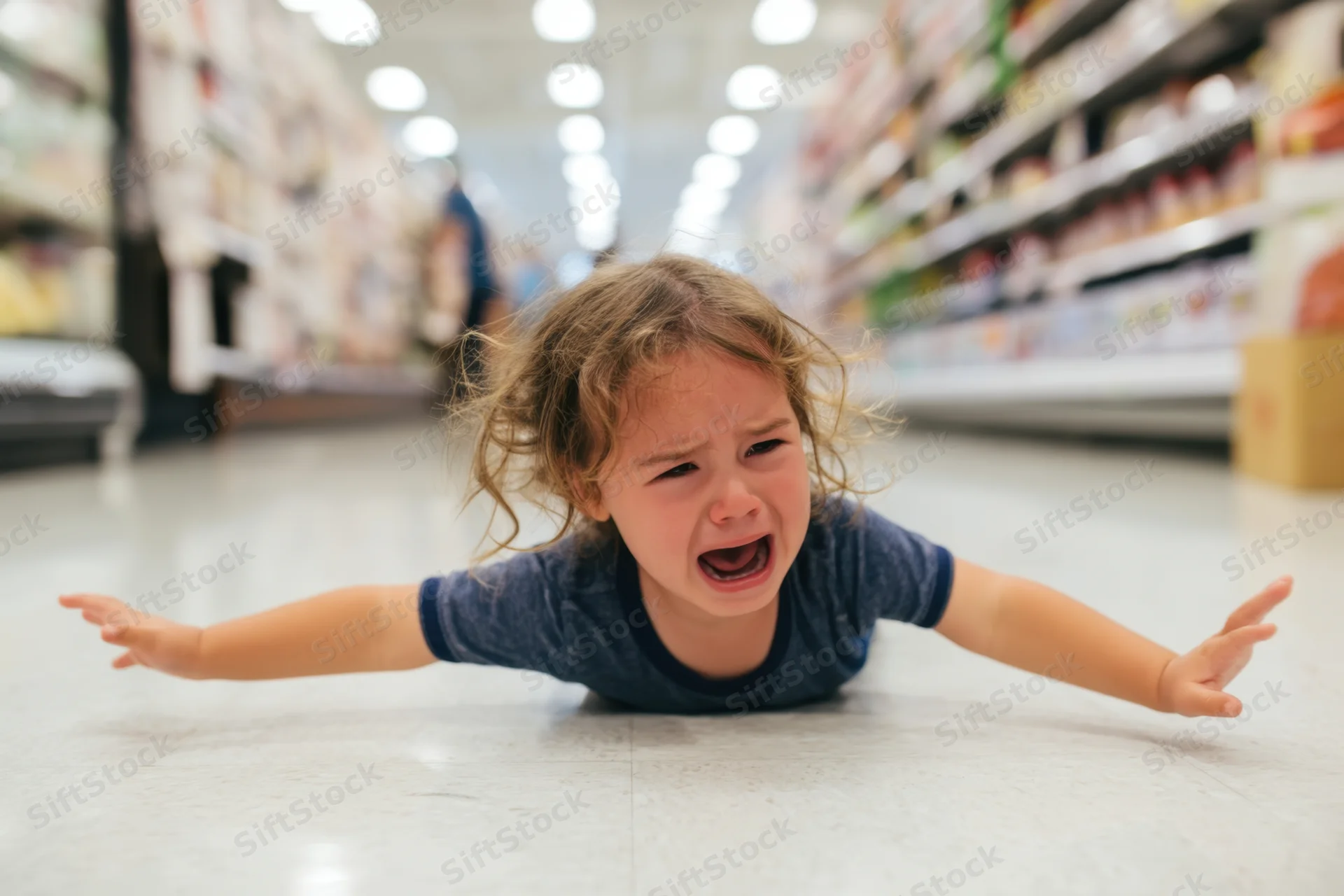 Toddler lying on grocery store floor crying with arms outstretched