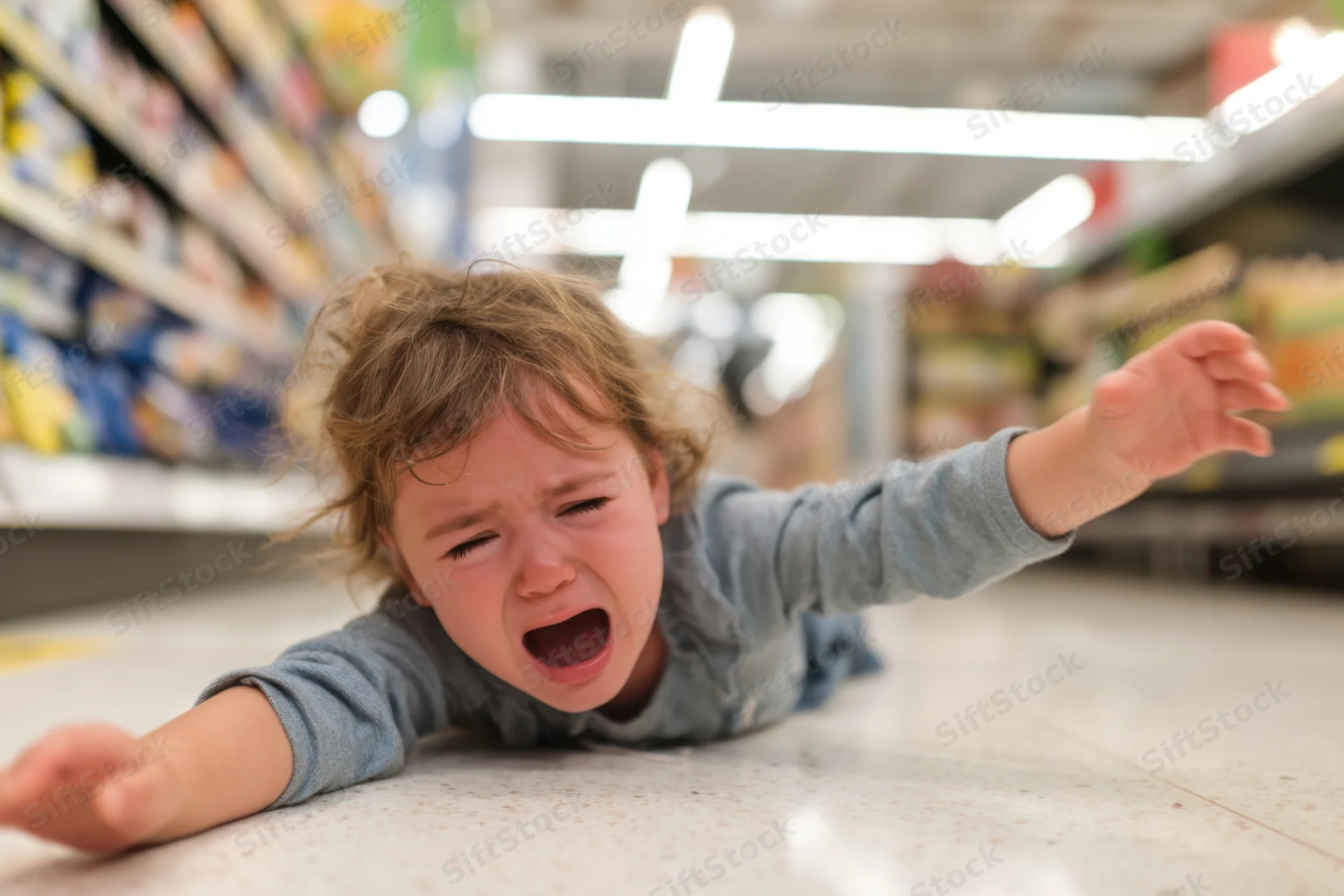 Toddler crying on grocery store floor during shopping trip