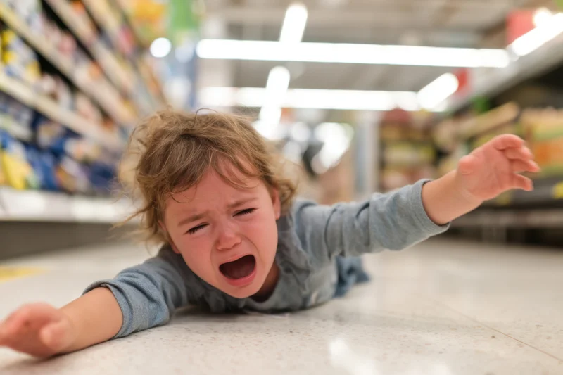 Toddler crying on grocery store floor during shopping trip