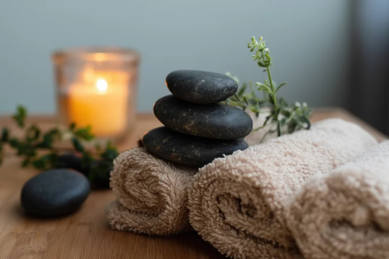 Rolled beige towels stacked with black stones and a lit candle on a wooden table
