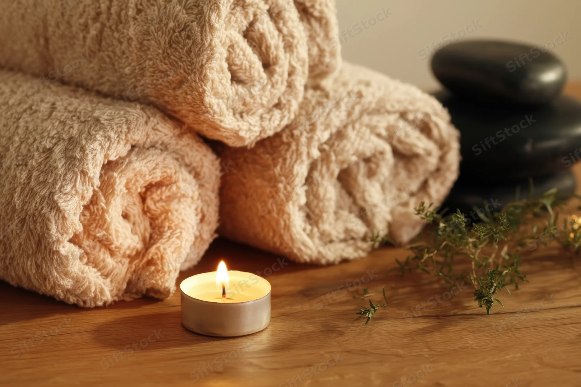 Rolled beige towels stacked on wooden table with lit candle and greenery beside smooth stones