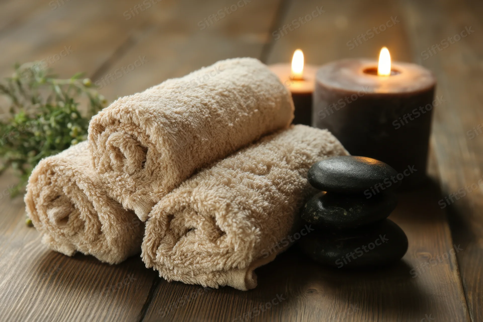 Rolled beige towels stacked beside lit candles and smooth black stones on a wooden table