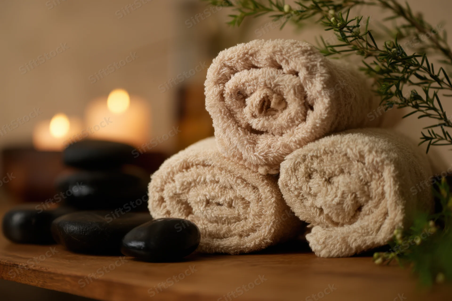 Rolled beige towels stacked on wooden table with black stones and greenery near candles