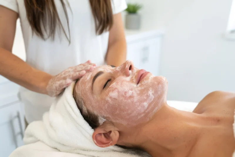 Woman receiving facial treatment with foamy cleanser applied by therapist in spa setting