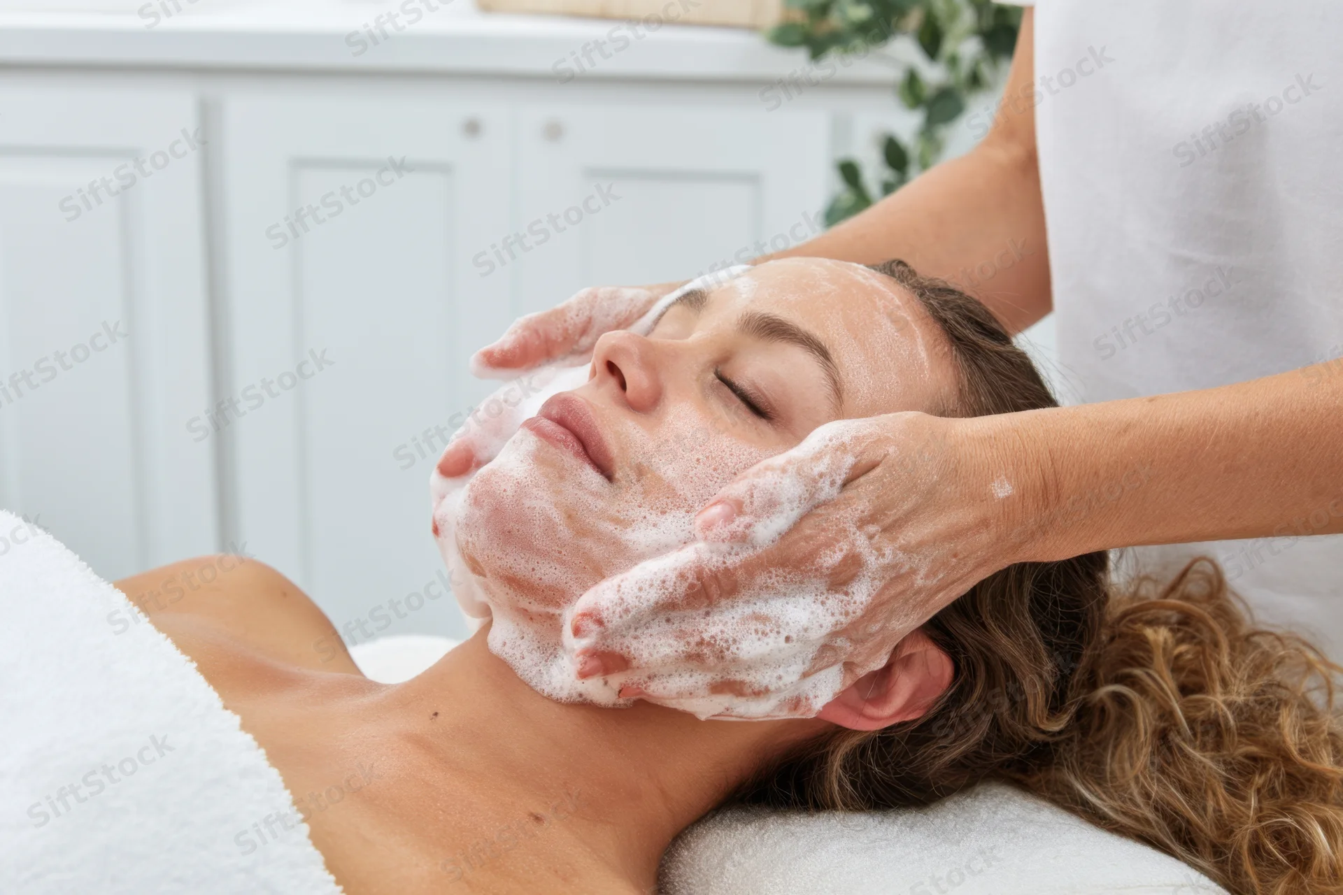 Woman receiving facial treatment with foamy cleanser applied by therapist in spa setting