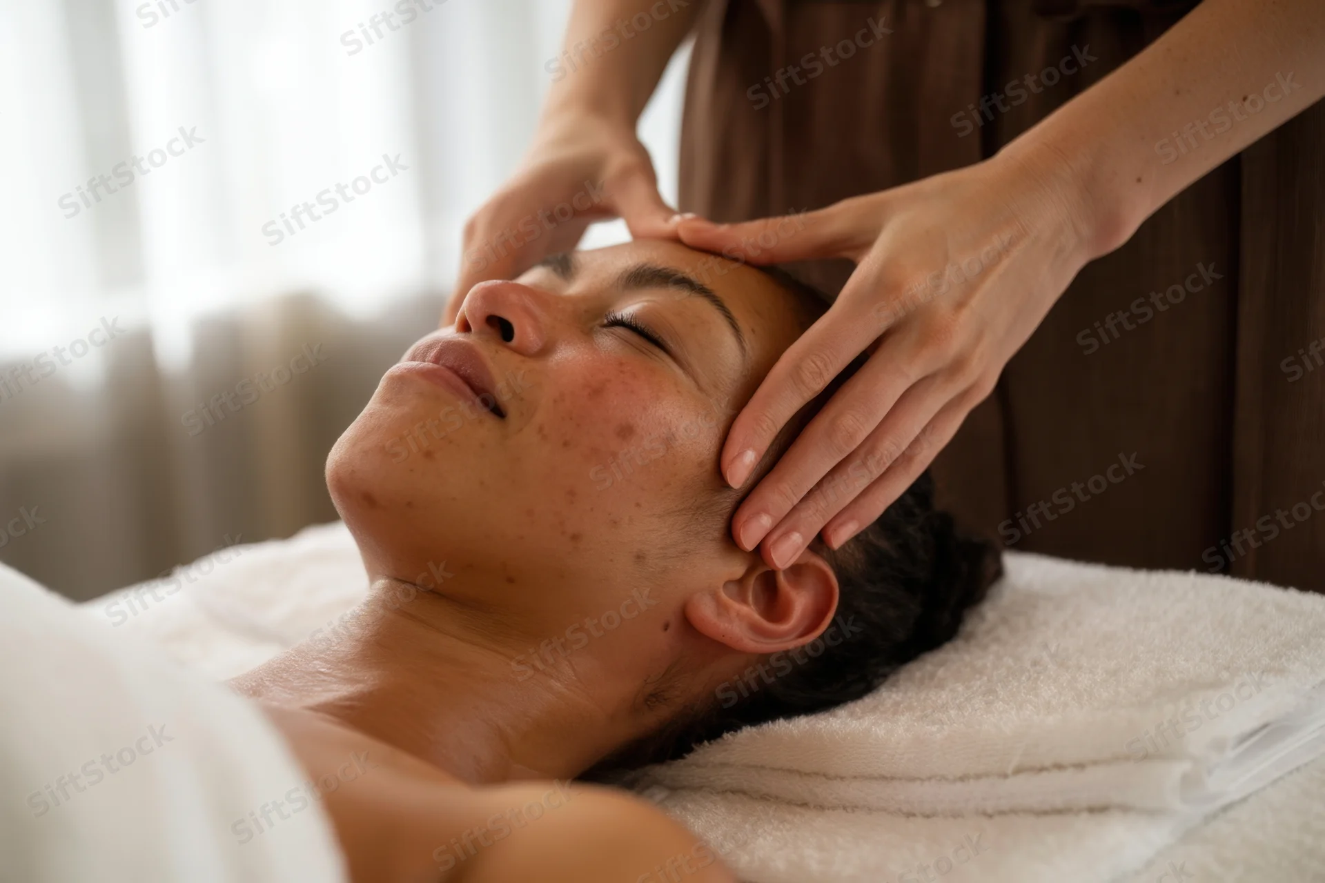 Woman receiving facial massage on a spa table with eyes closed