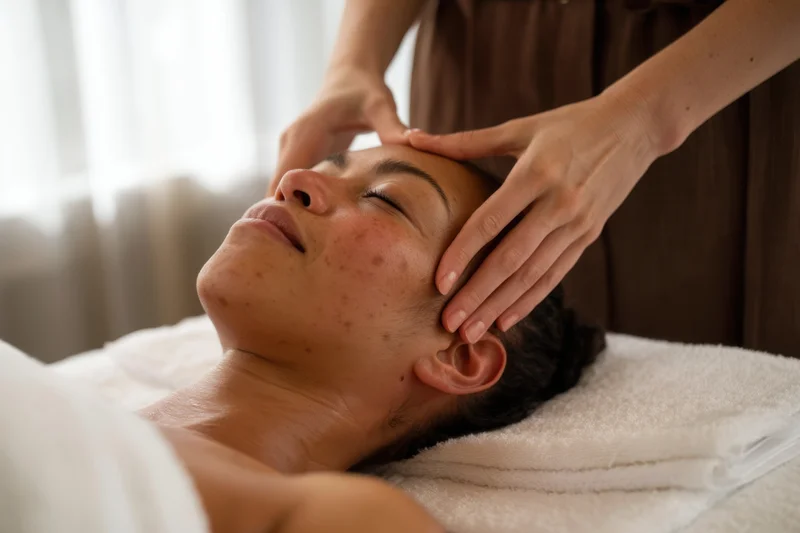 Woman receiving facial massage on a spa table with eyes closed
