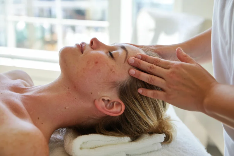 Woman receiving facial massage on massage table with eyes closed in spa setting