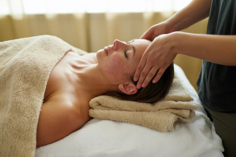 Woman receiving head massage on massage table with eyes closed