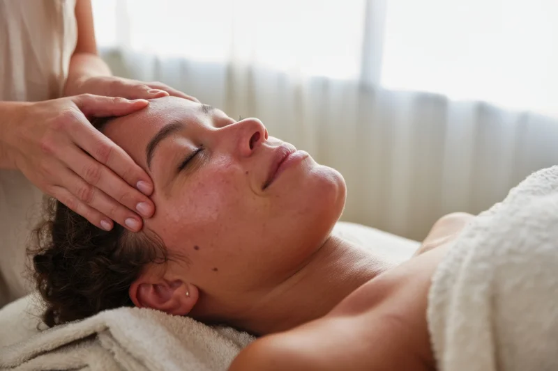 Woman receiving facial massage with eyes closed on massage table in spa setting