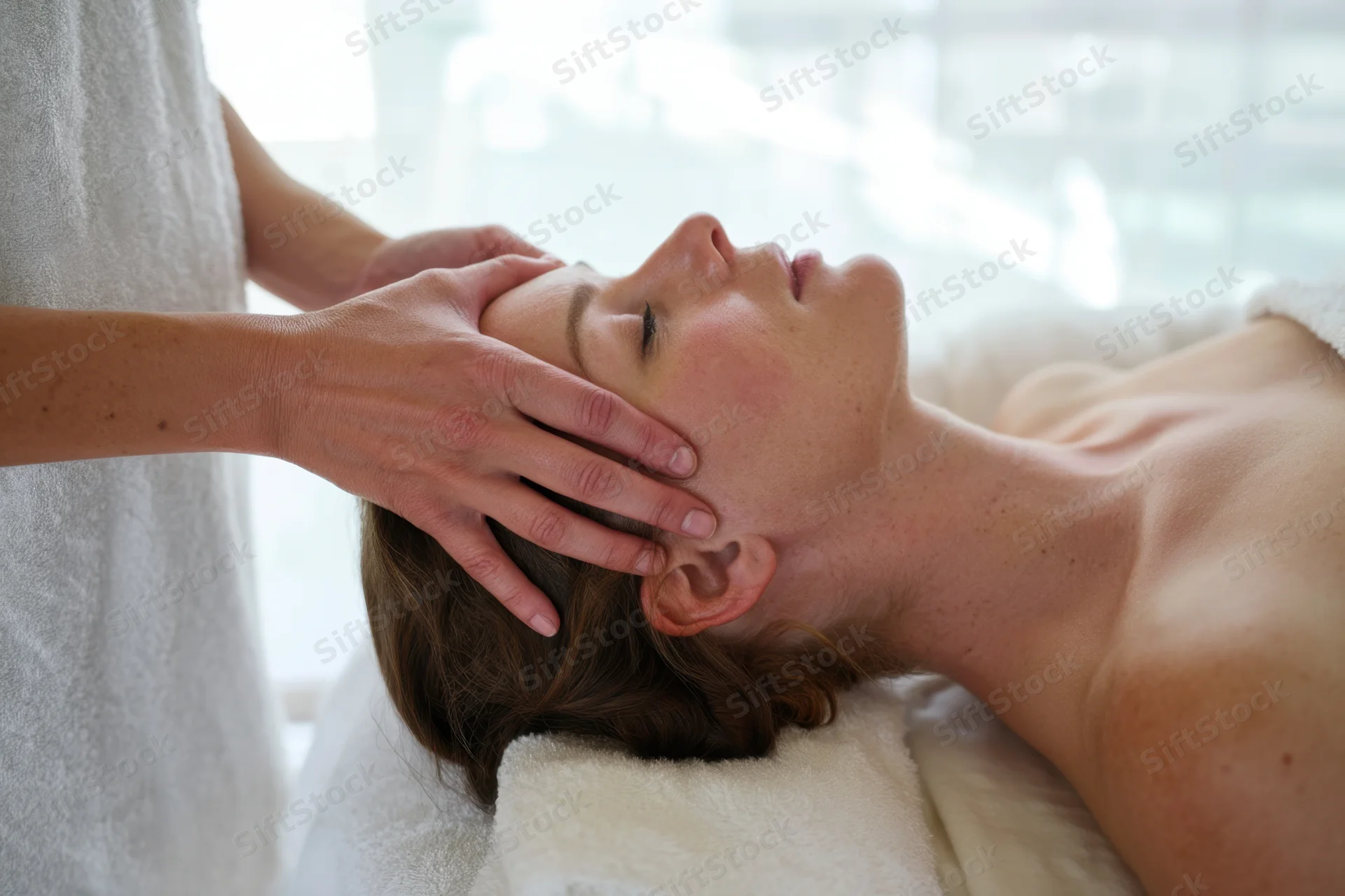 Woman receiving facial massage on spa table with eyes closed