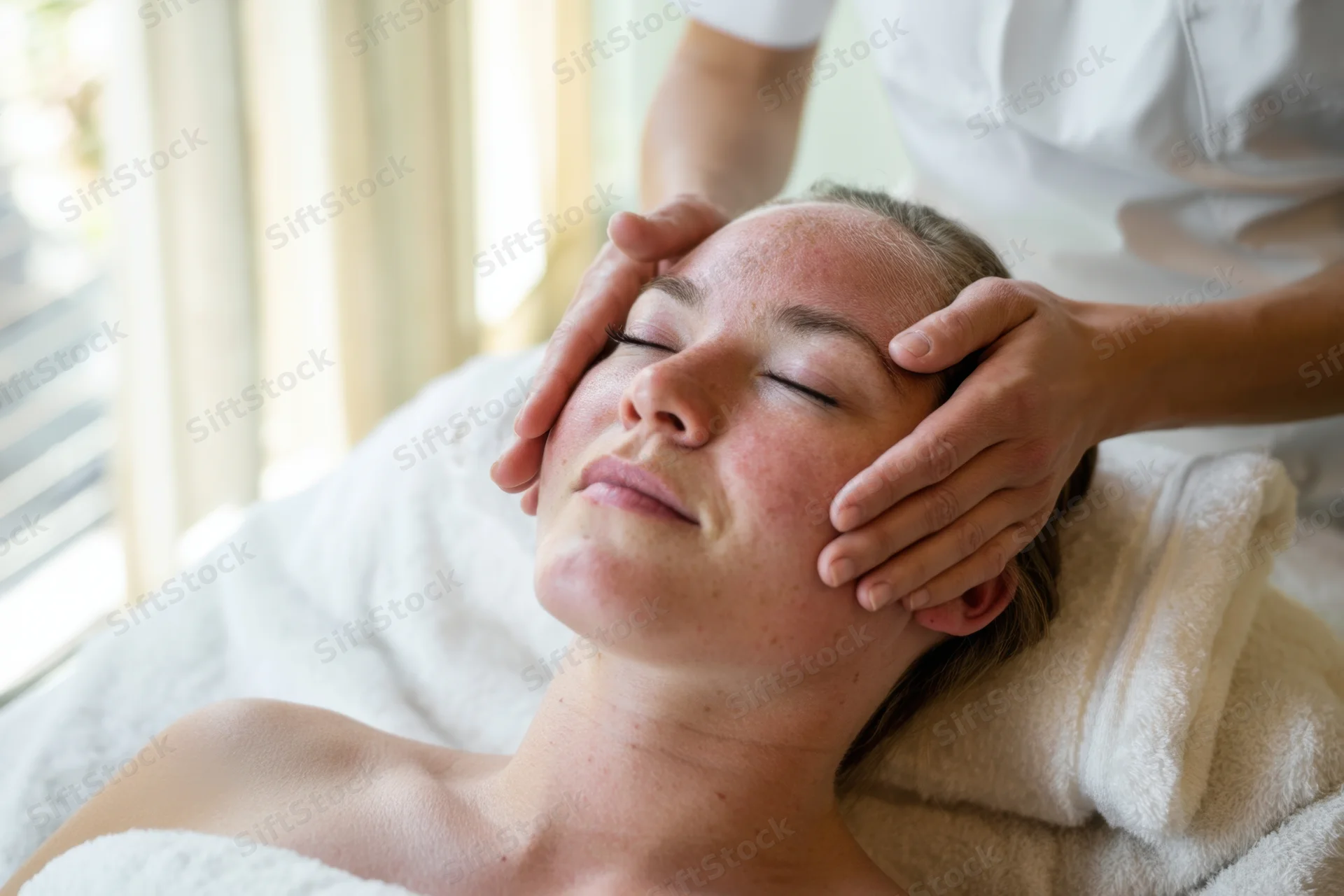 Woman receiving facial massage on spa table with eyes closed