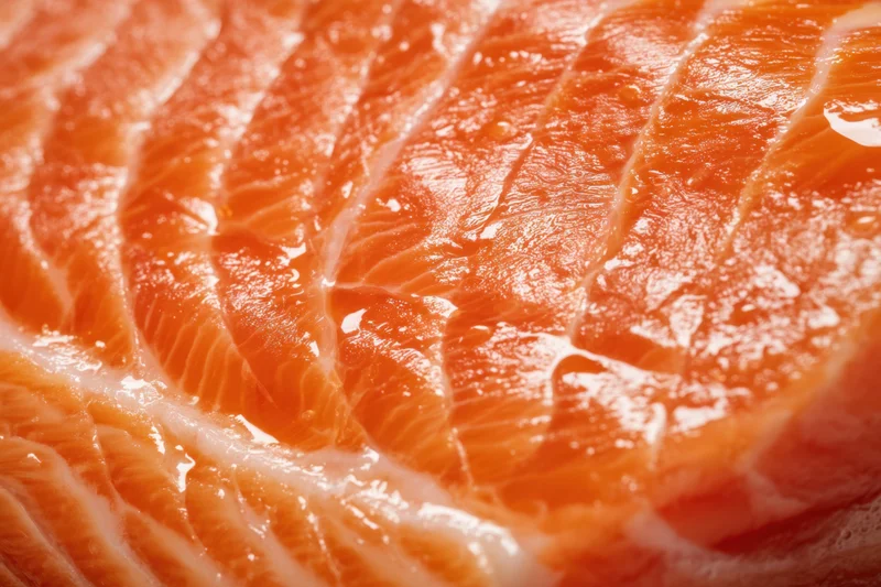 Macro close-up of a raw salmon fillet showing its orange flesh and white fat marbling