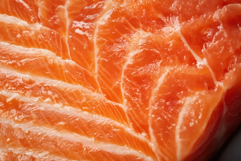 Macro close-up of a raw salmon fillet showing orange flesh and white fat marbling