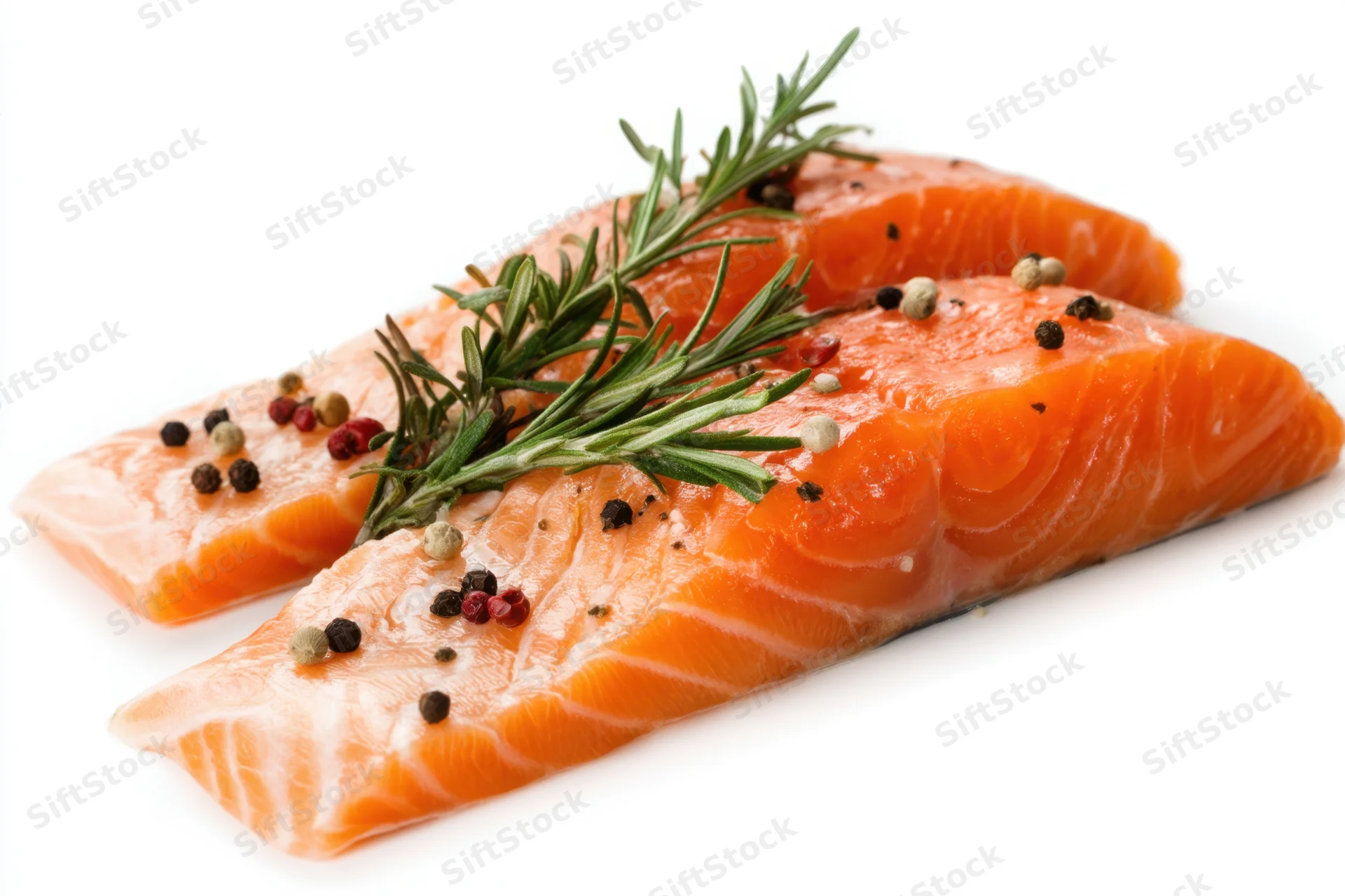 Two raw salmon fillets garnished with rosemary and peppercorns on a white background