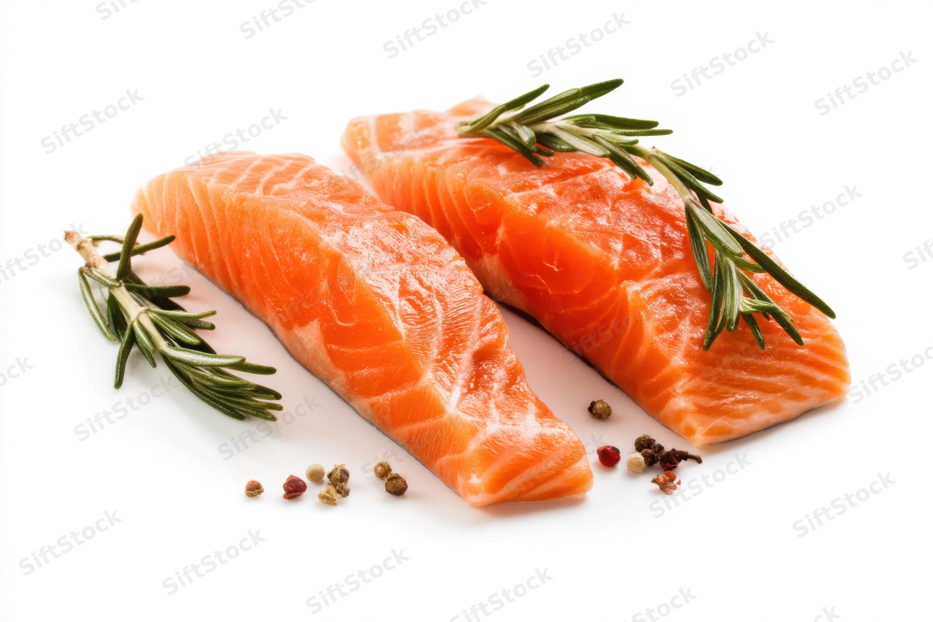 Two fresh salmon fillets garnished with rosemary and peppercorns on a white surface