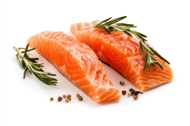 Two fresh salmon fillets garnished with rosemary and peppercorns on a white surface
