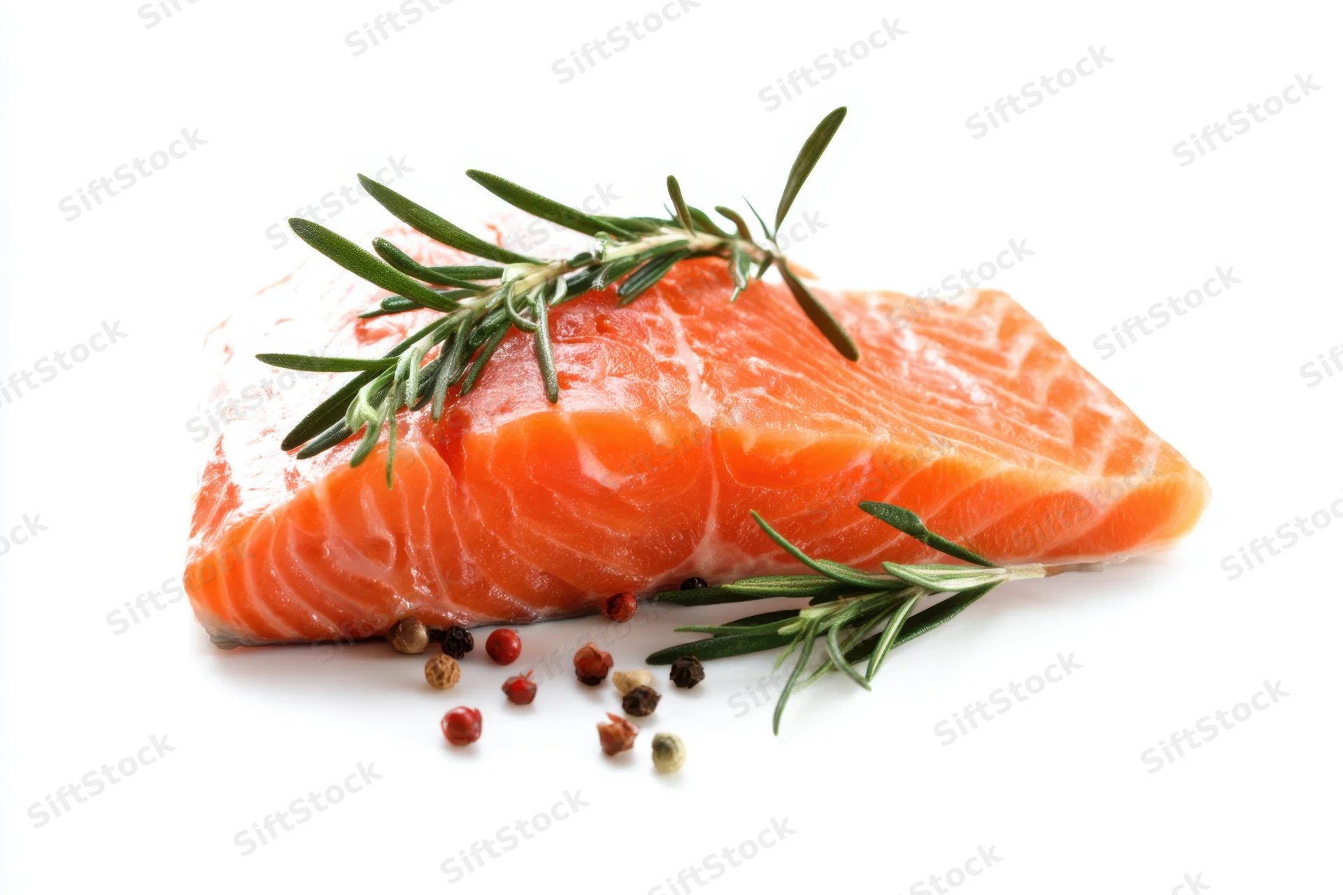 Fresh salmon fillet garnished with rosemary and peppercorns on white background