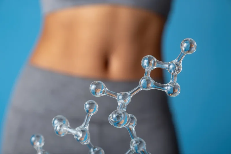 Glass molecular model in foreground with blurred woman's torso in athletic wear against blue background